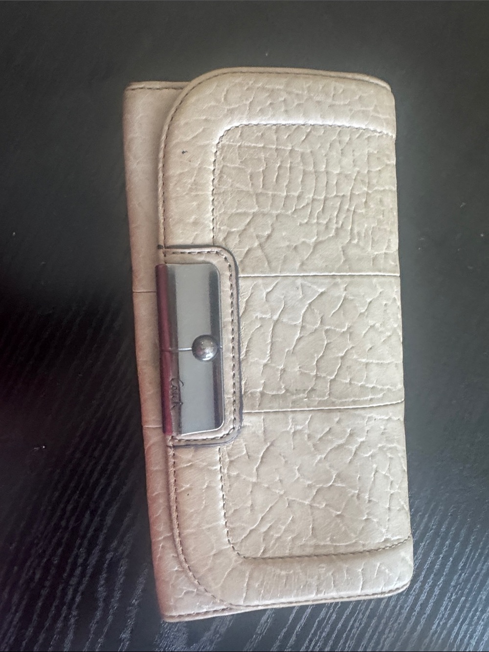 Coach Kristin Textured Cream Leather Wallet Phone Case with Metal Clasp